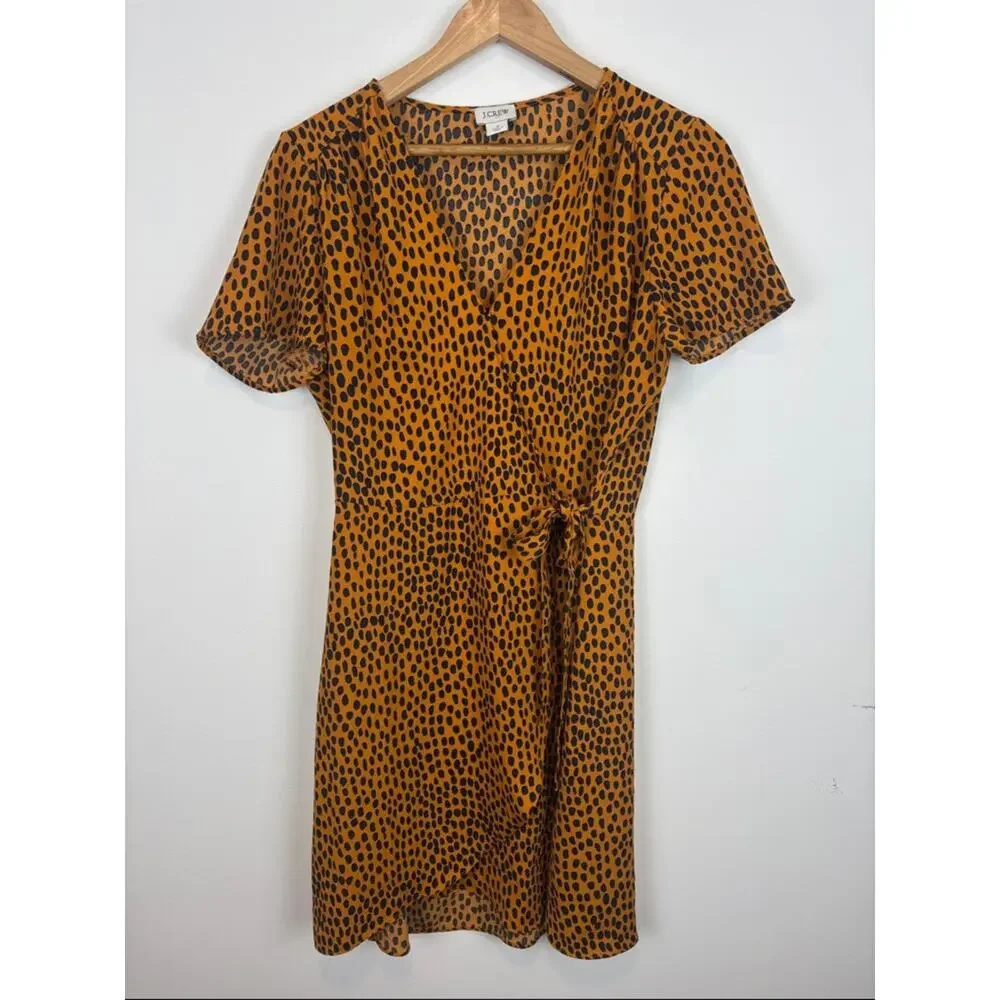 J.Crew Animal Print Wrap Dress Orange Black Cheetah Short Sleeve Size 4 Office